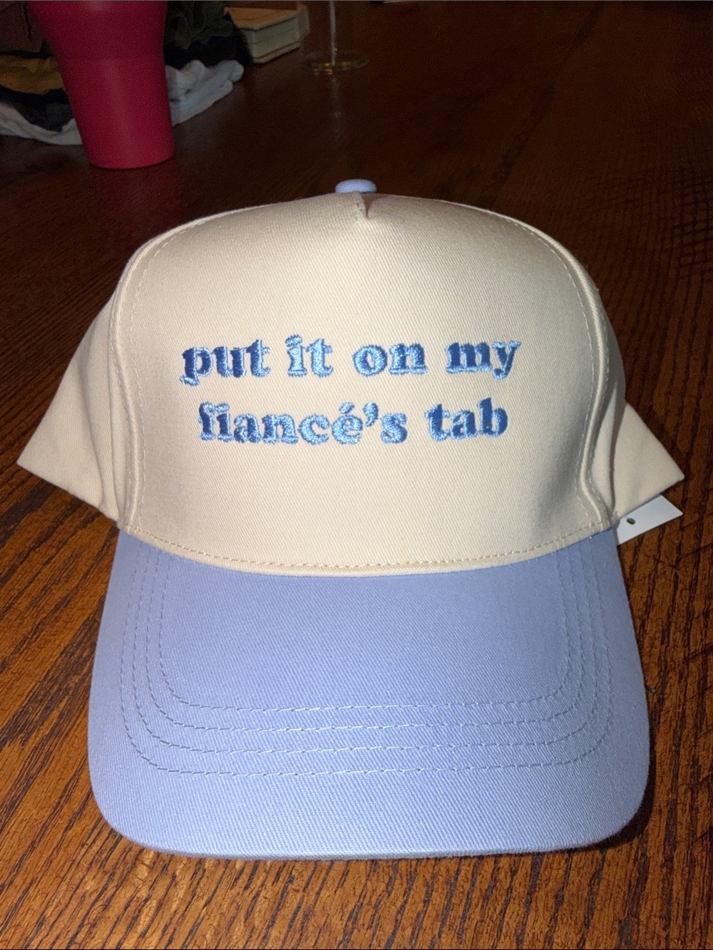 'Put It On My Fiancé’s Tab' Embroidered Cap - Cream & Light Blue